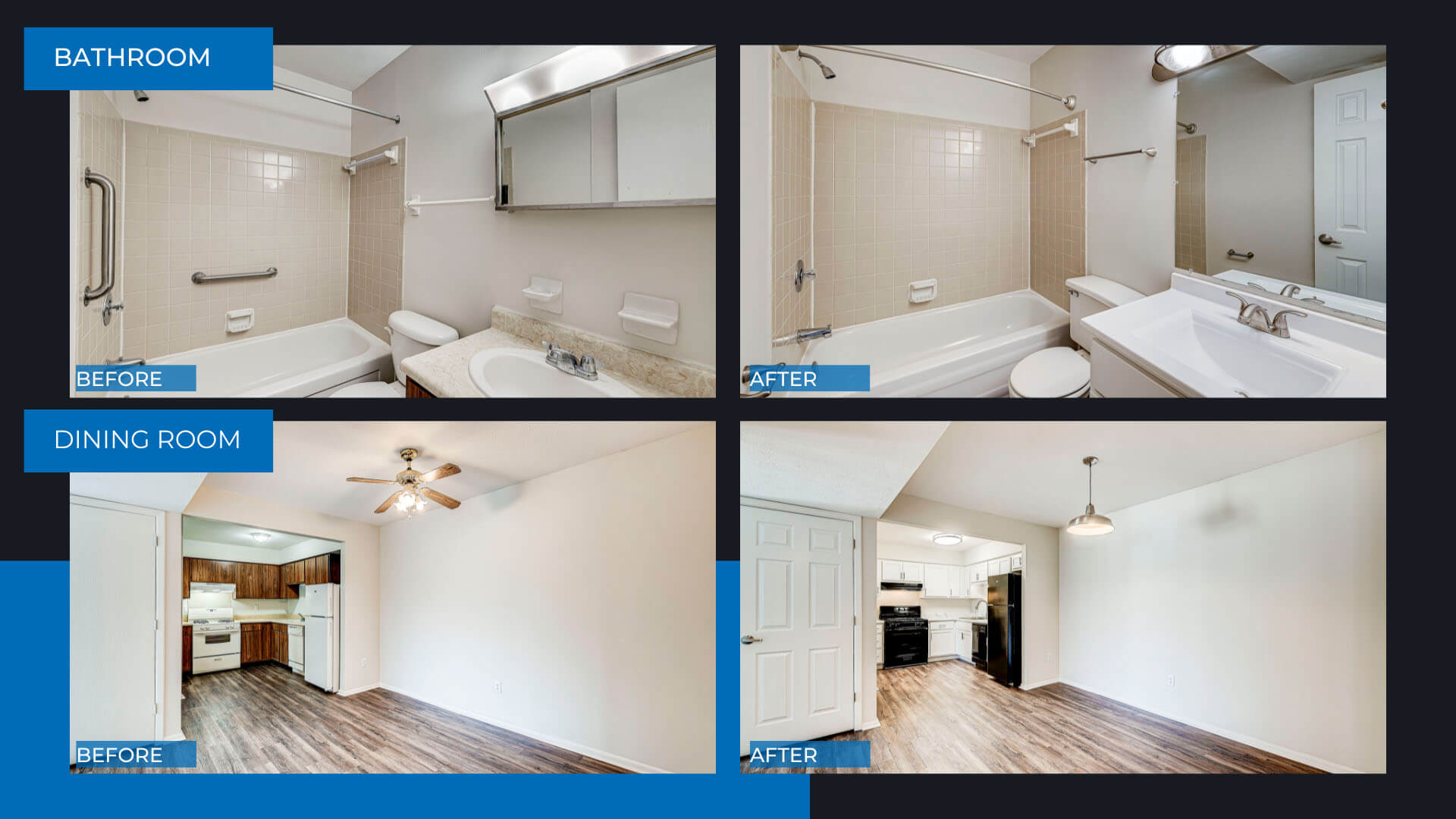 bathroom and dining room before and after